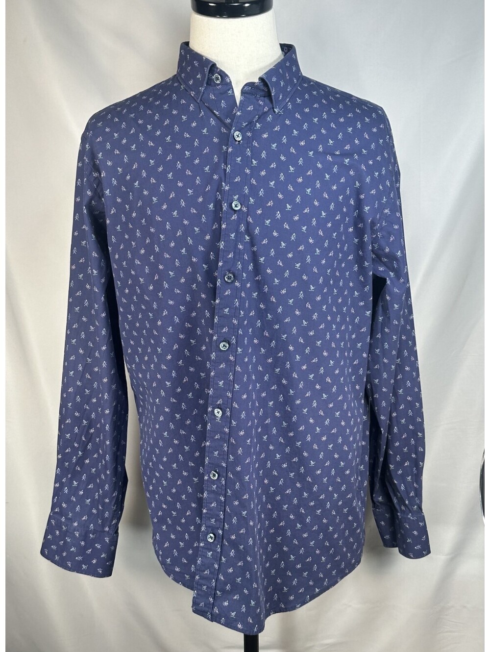 Bugatchi Skiing Pattern Oxford LS Button Up Blue Mens XL